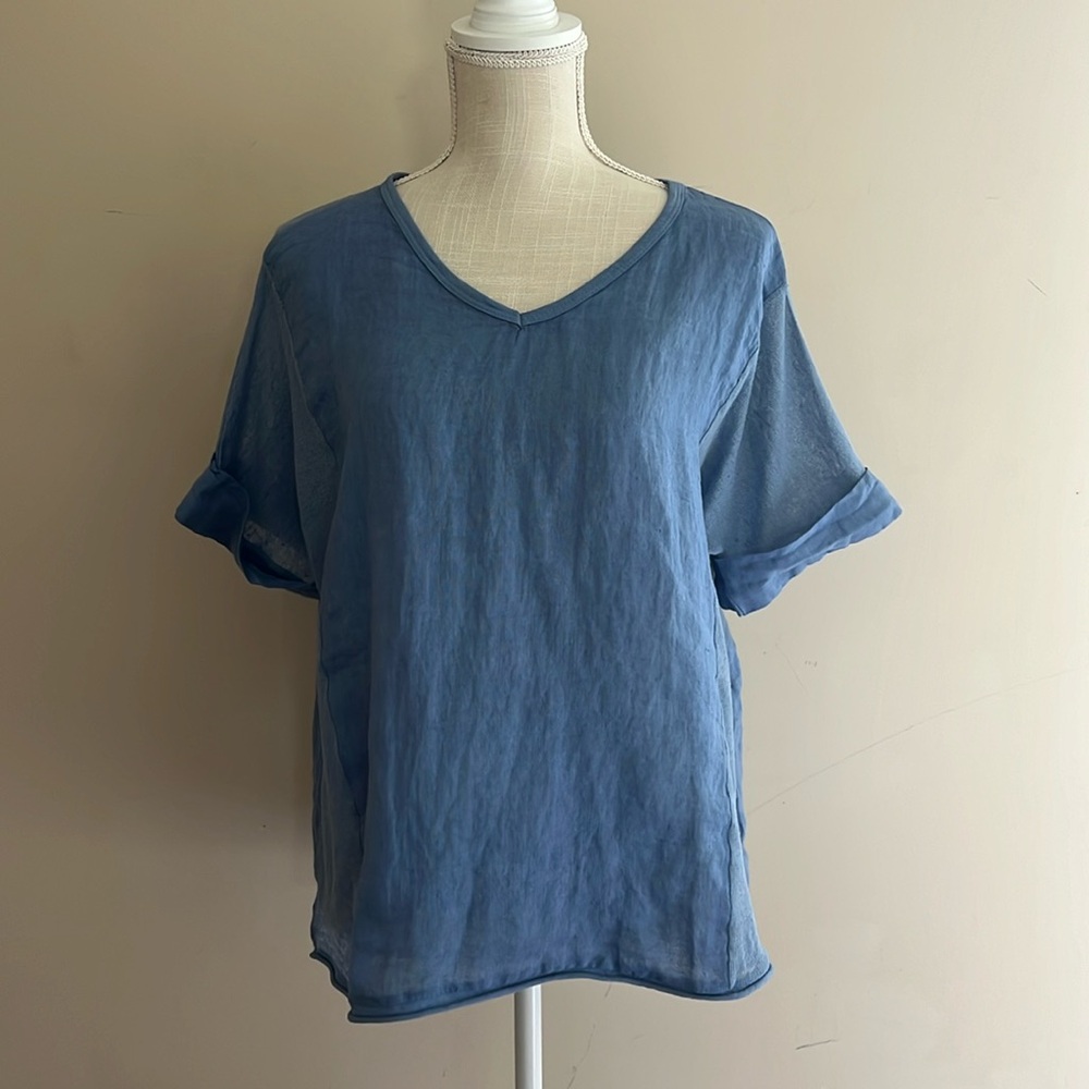 NWT Tempo Paris Linen V-Neck Roll Sleeve Tee T-Shirt Size: S/M